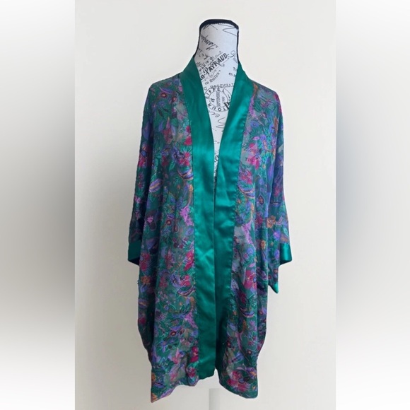 Vintage 90s Victoria's Secret Gold Label Green Floral Satin Sheer Kimono Robe OS - Picture 2 of 6